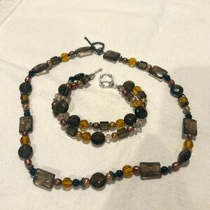 Square brown multifaceted glass bead necklace and double strand bracelet…